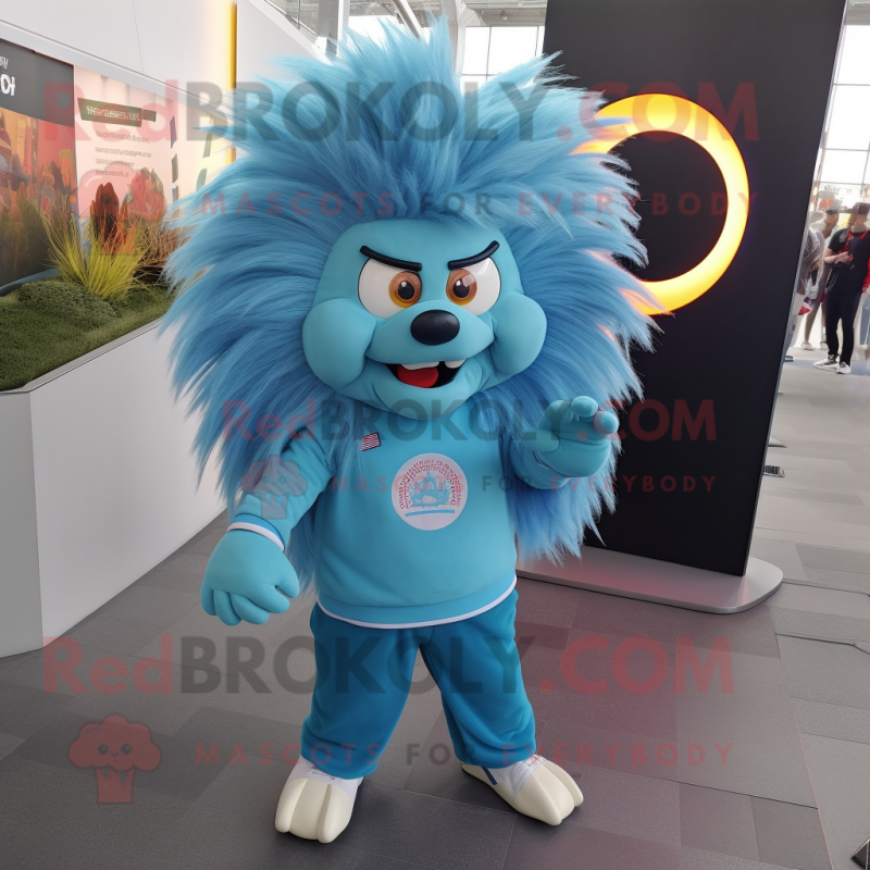 Cyan Porcupine mascot costume character dressed with a Flare Jeans and Hair clips