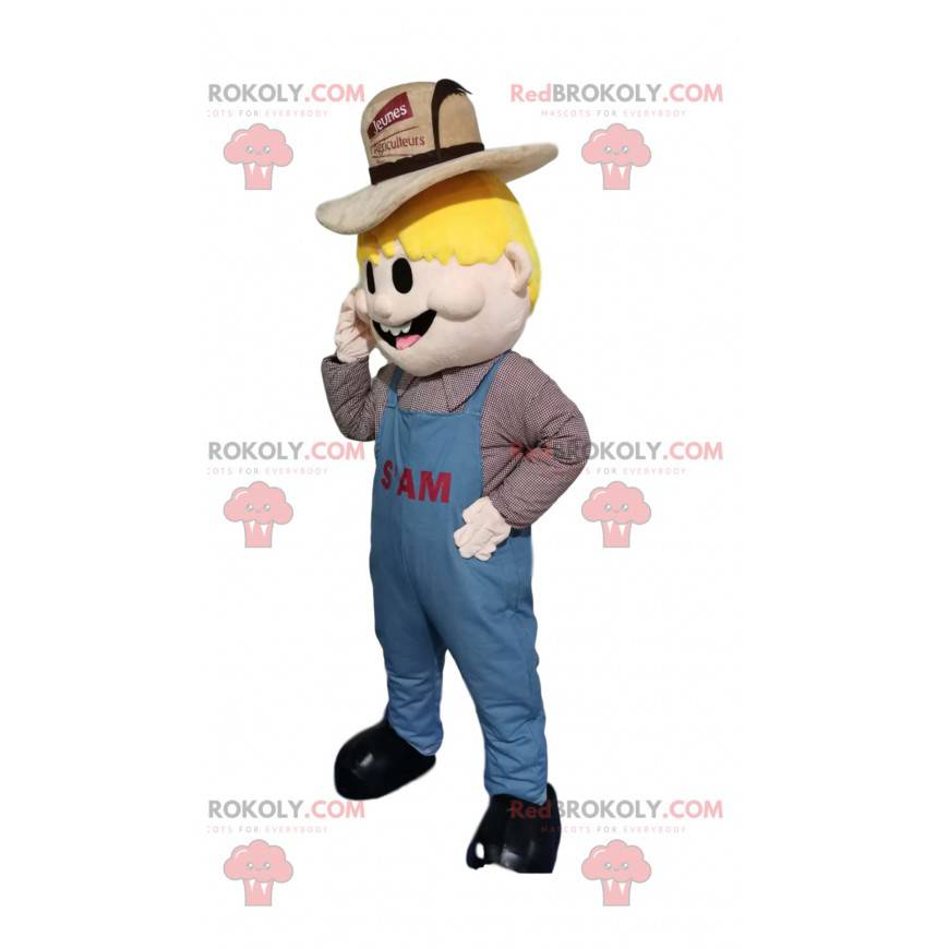 Maskot blond mand med overalls og en bondehue - Redbrokoly.com