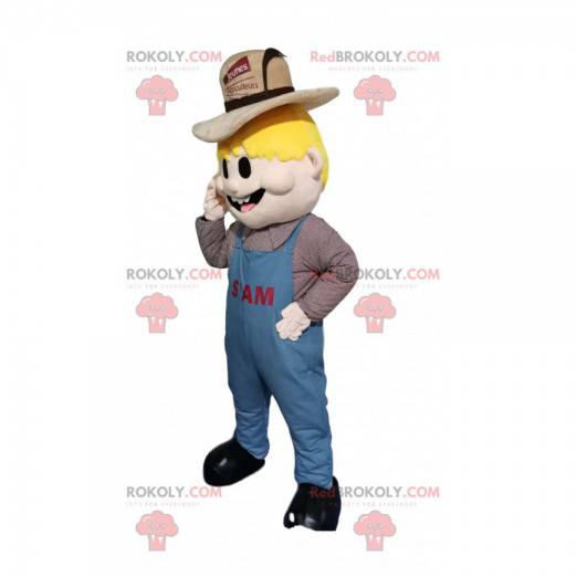 Maskot blond mand med overalls og en bondehue - Redbrokoly.com