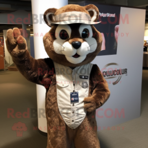 Brown Bobcat mascot costume character dressed with a Henley Shirt and Berets