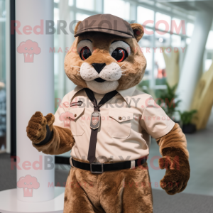 Brown Bobcat mascot costume character dressed with a Henley Shirt and Berets