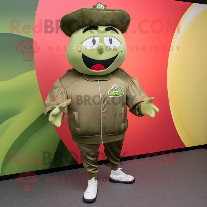 Olive Steak mascot costume character dressed with a Bomber Jacket and Anklets