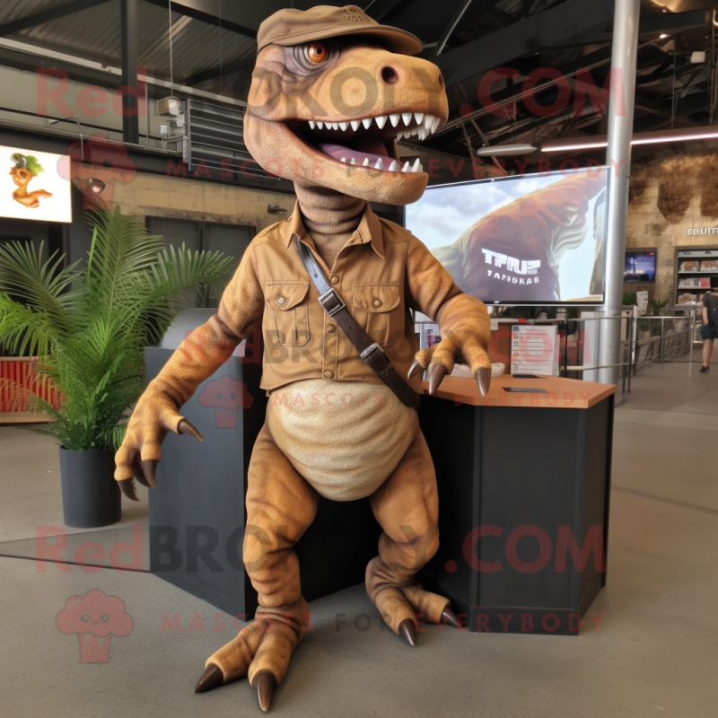 Brown Tyrannosaurus mascot costume character dressed with a Cargo Shorts and Hairpins