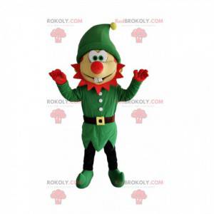 Mascota de elfo cómico con un disfraz verde y una nariz roja. -