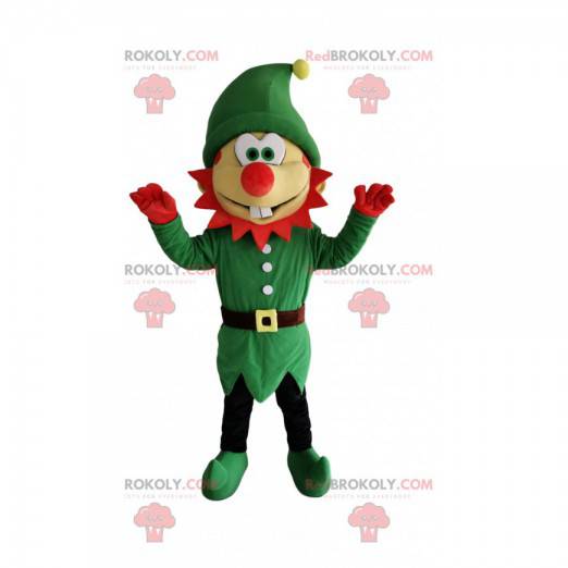 Mascotte de lutin comique avec un costume vert et un nez rouge