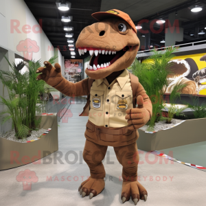Brown Tyrannosaurus mascot costume character dressed with a Cargo Shorts and Hairpins