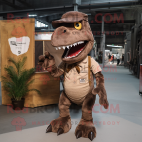 Brown Tyrannosaurus mascot costume character dressed with a Cargo Shorts and Hairpins