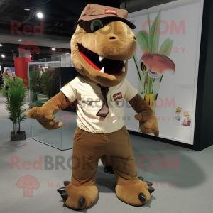 Brown Tyrannosaurus mascot costume character dressed with a Cargo Shorts and Hairpins