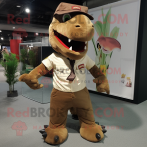 Brown Tyrannosaurus mascot costume character dressed with a Cargo Shorts and Hairpins