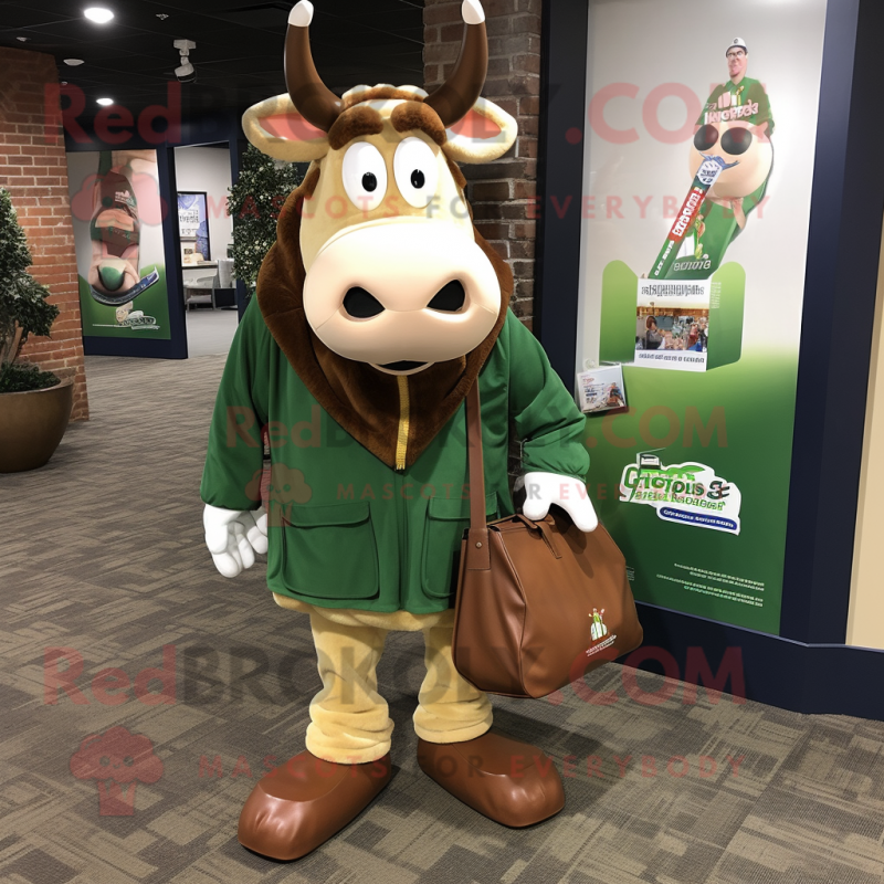 Olive Guernsey Cow mascot costume character dressed with a Jacket and Tote bags Olive Guernsey Cow mascot costume character dressed with a Jacket and Tote bags