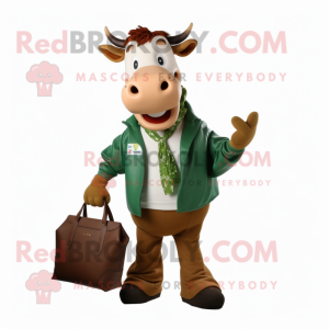 Olive Guernsey Cow mascot costume character dressed with a Jacket and Tote bags