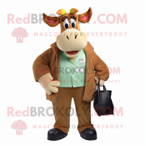 Olive Guernsey Cow mascot costume character dressed with a Jacket and Tote bags