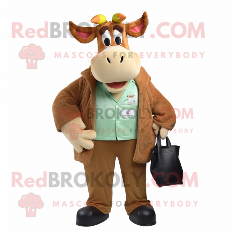 Olive Guernsey Cow mascot costume character dressed with a Jacket and Tote bags