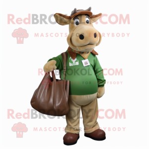 Olive Guernsey Cow mascot costume character dressed with a Jacket and Tote bags