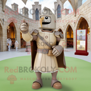 Tan Medieval Knight mascot costume character dressed with a Culottes and Handbags