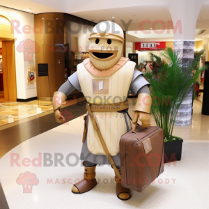 Tan Medieval Knight mascot costume character dressed with a Culottes and Handbags