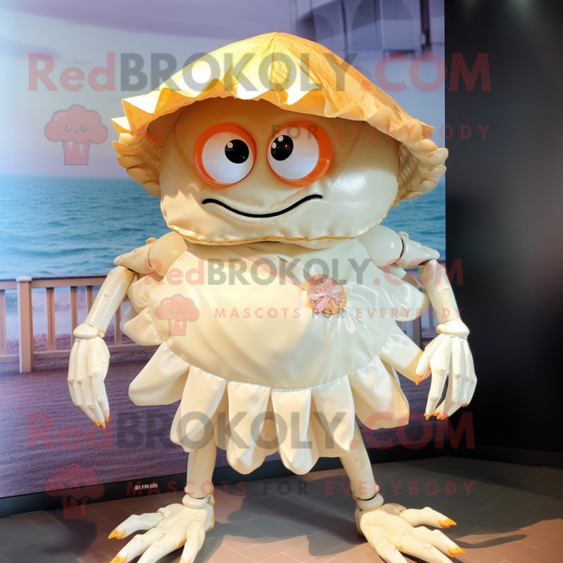 Cream Crab mascot costume character dressed with a Skirt and Hat pins