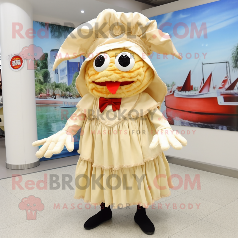 Cream Crab mascot costume character dressed with a Skirt and Hat pins