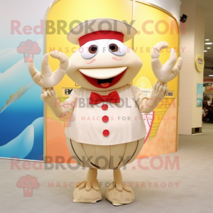 Cream Crab mascot costume character dressed with a Skirt and Hat pins