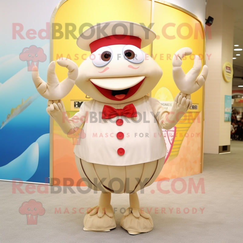 Cream Crab mascot costume character dressed with a Skirt and Hat pins Cream Crab mascot costume character dressed with a Skirt and Hat pins