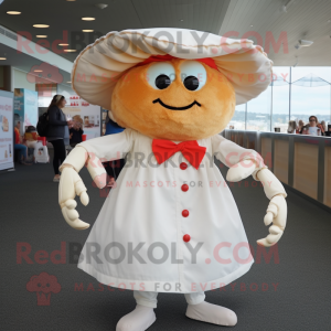 Cream Crab mascot costume character dressed with a Skirt and Hat pins