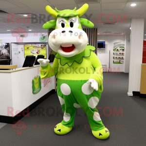 Lime Green Hereford Cow mascot costume character dressed with a Long Sleeve Tee and Coin purses