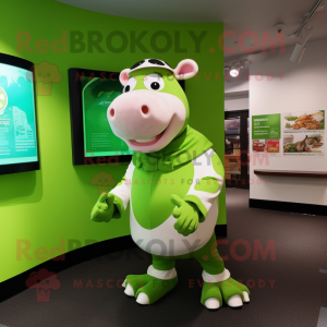 Lime Green Hereford Cow mascot costume character dressed with a Long Sleeve Tee and Coin purses