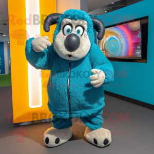 Turquoise Suffolk Sheep mascot costume character dressed with a Hoodie and Rings