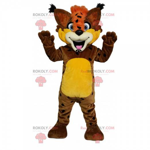 Hilarische bruine lynx mascotte met een oranje kuif! -