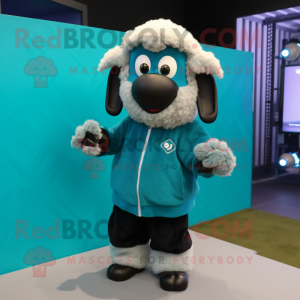 Turquoise Suffolk Sheep mascot costume character dressed with a Hoodie and Rings