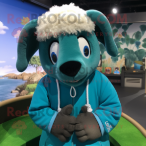 Turquoise Suffolk Sheep mascot costume character dressed with a Hoodie and Rings