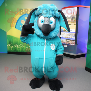 Turquoise Suffolk Sheep mascot costume character dressed with a Hoodie and Rings