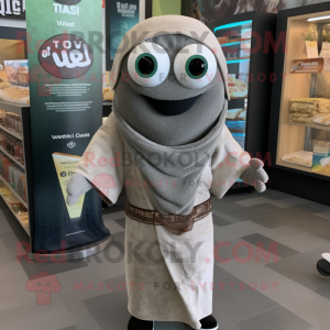 Gray Falafel mascot costume character dressed with a Graphic Tee and Wraps