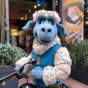 Sky Blue Merino Sheep mascot costume character dressed with a Moto Jacket and Scarves