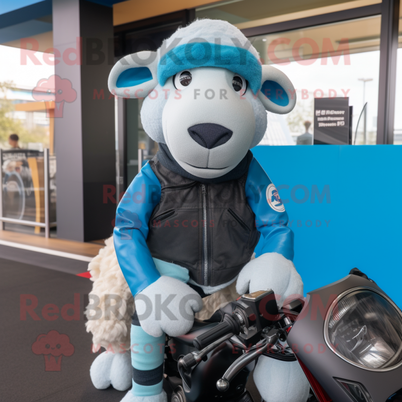 Sky Blue Merino Sheep mascot costume character dressed with a Moto Jacket and Scarves