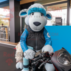 Sky Blue Merino Sheep mascot costume character dressed with a Moto Jacket and Scarves