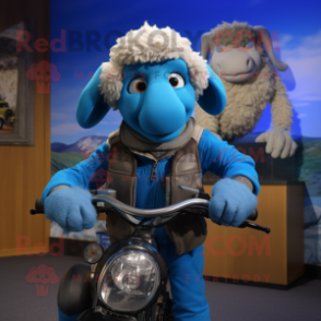 Sky Blue Merino Sheep mascot costume character dressed with a Moto Jacket and Scarves