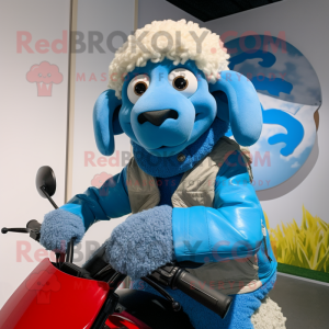 Sky Blue Merino Sheep mascot costume character dressed with a Moto Jacket and Scarves