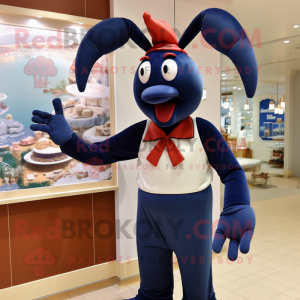 Navy Lobster Bisque mascot costume character dressed with a Sheath Dress and Hairpins