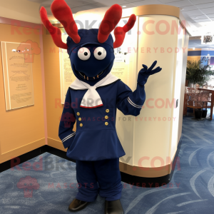 Navy Lobster Bisque mascot costume character dressed with a Sheath Dress and Hairpins