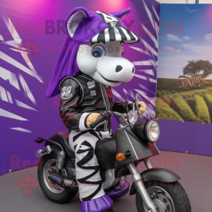 Purple Zebra mascot costume character dressed with a Moto Jacket and Caps