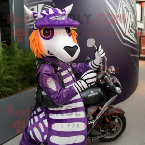 Purple Zebra mascot costume character dressed with a Moto Jacket and Caps