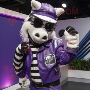 Purple Zebra mascot costume character dressed with a Moto Jacket and Caps