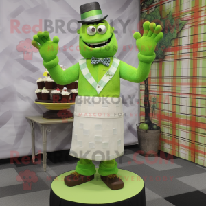 Lime Green Wedding Cake mascot costume character dressed with a Flannel Shirt and Gloves
