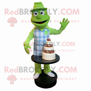 Lime Green Wedding Cake mascot costume character dressed with a Flannel Shirt and Gloves