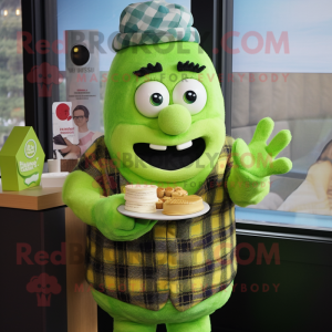 Lime Green Wedding Cake mascot costume character dressed with a Flannel Shirt and Gloves