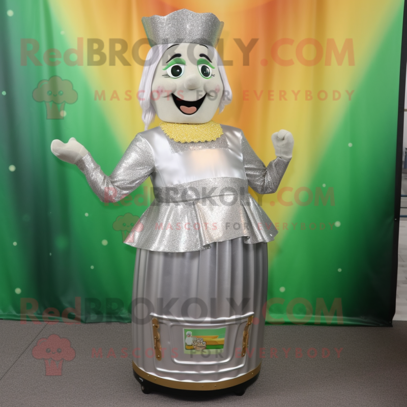 Silver Pot Of Gold mascot costume character dressed with a Pencil Skirt and Cummerbunds