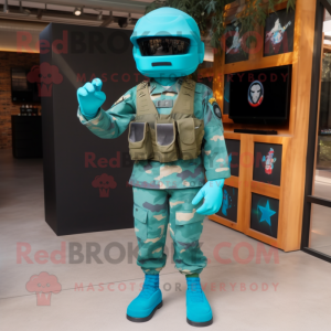 Turquoise Army Soldier mascot costume character dressed with a Jeggings and Messenger bags