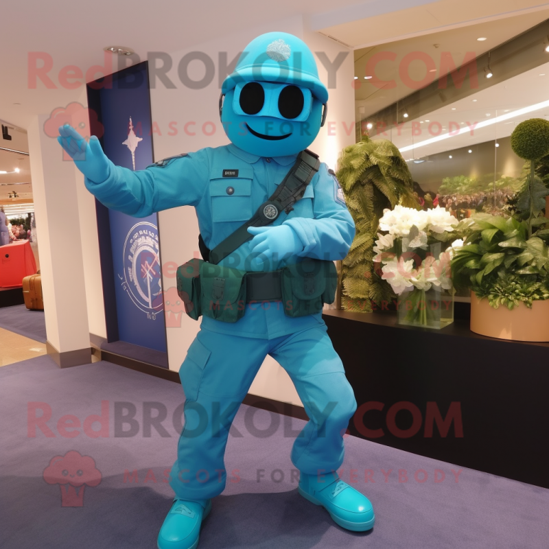 Turquoise Army Soldier mascot costume character dressed with a Jeggings and Messenger bags