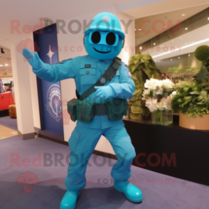 Turquoise Army Soldier mascot costume character dressed with a Jeggings and Messenger bags